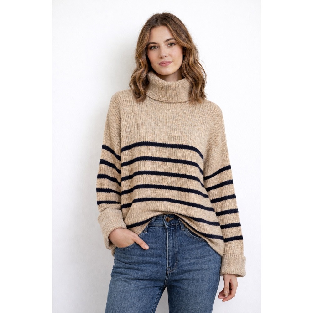 M&S Collection Striped Oversized Turtleneck Sweater M Mocha Navy Ribbed‎ Knit